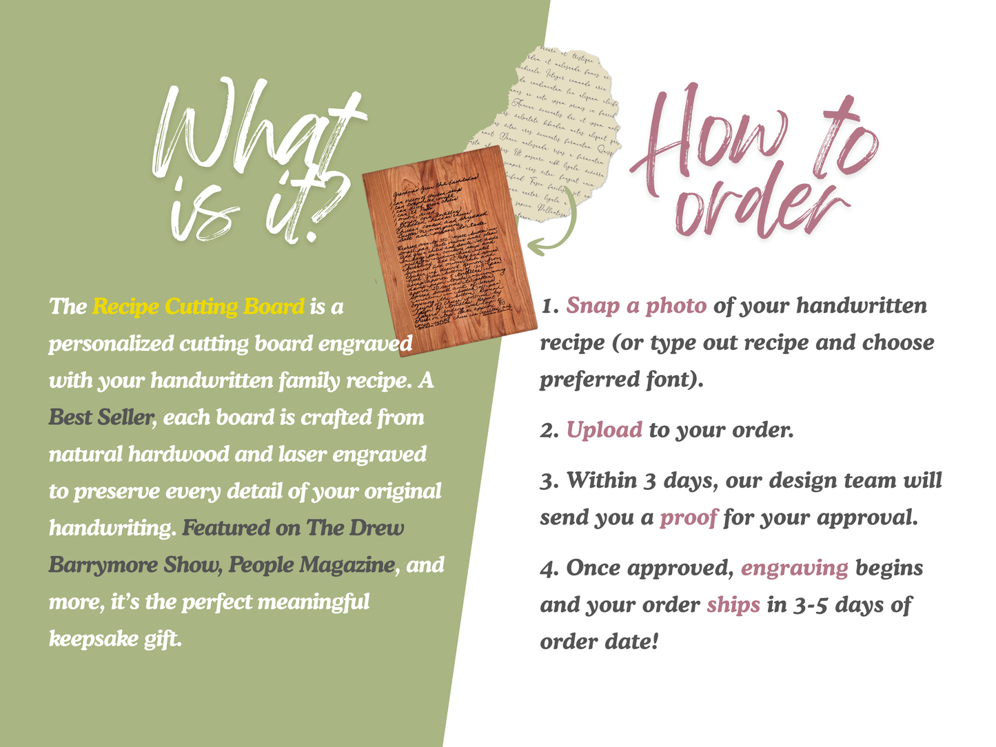 Handwritten Recipe Engraved Cutting Board [Rectangle]
